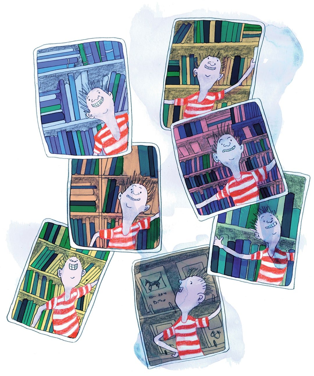 Polaroid style photos of a boy in a red and white striped tshirt are randomly arranged in a pile. In every photo there are books and bookshelves behind him.
