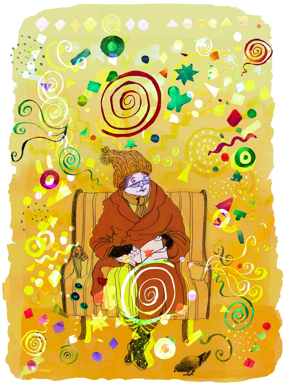 An elderly woman sits on a bench, reading. She is wearing a bright orange coat, a knitted wooly hat and gloves. She is surrounded by sirls and stars of all colours. A pigeon pecks at her feet.