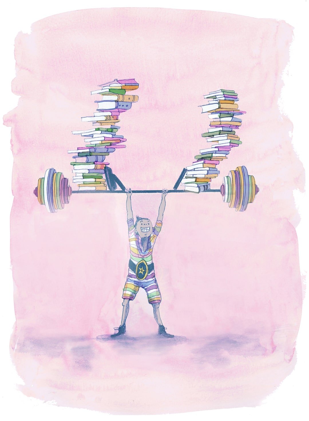 A young girl wearing a weightlifting champion belt lifts a bar of huge, heavy weights, with books stacked on top.