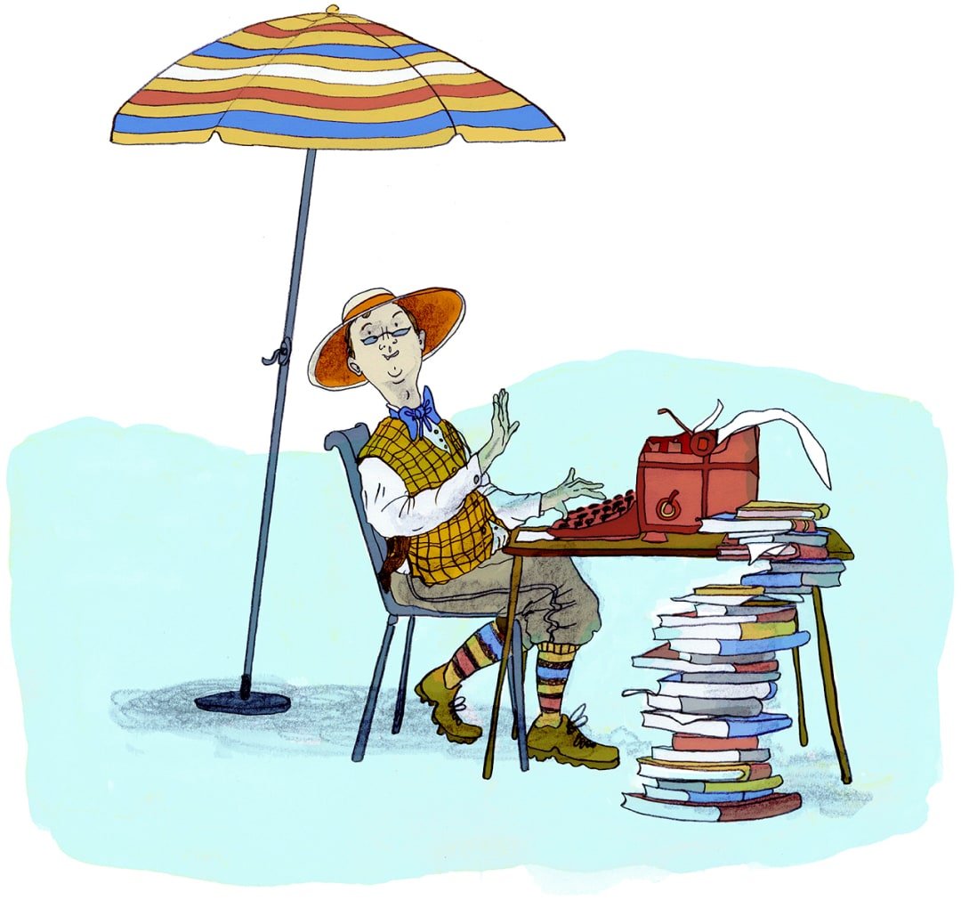 A man in posh summer clothes sits under a colourful parasol, at a table with a red typewriter and a stack of books.