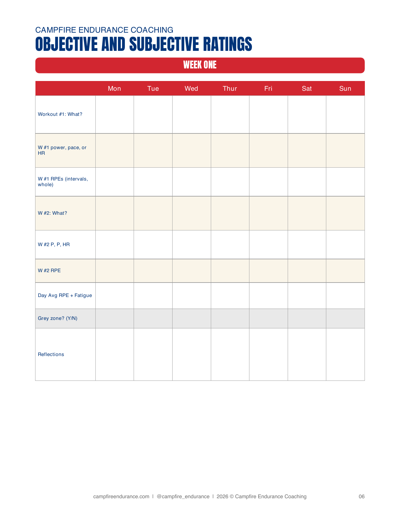 Week One daily worksheet