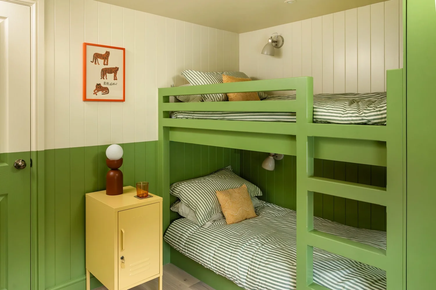 Green bunk room in a holiday home, St Agnes, Cornwall, photographed by Pip Hambling