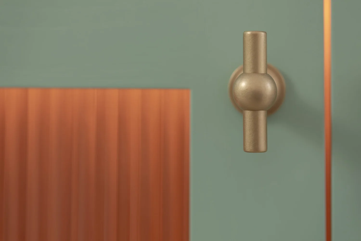 Brass handle on a sage green cabinet door, photographed by Pip Hambling