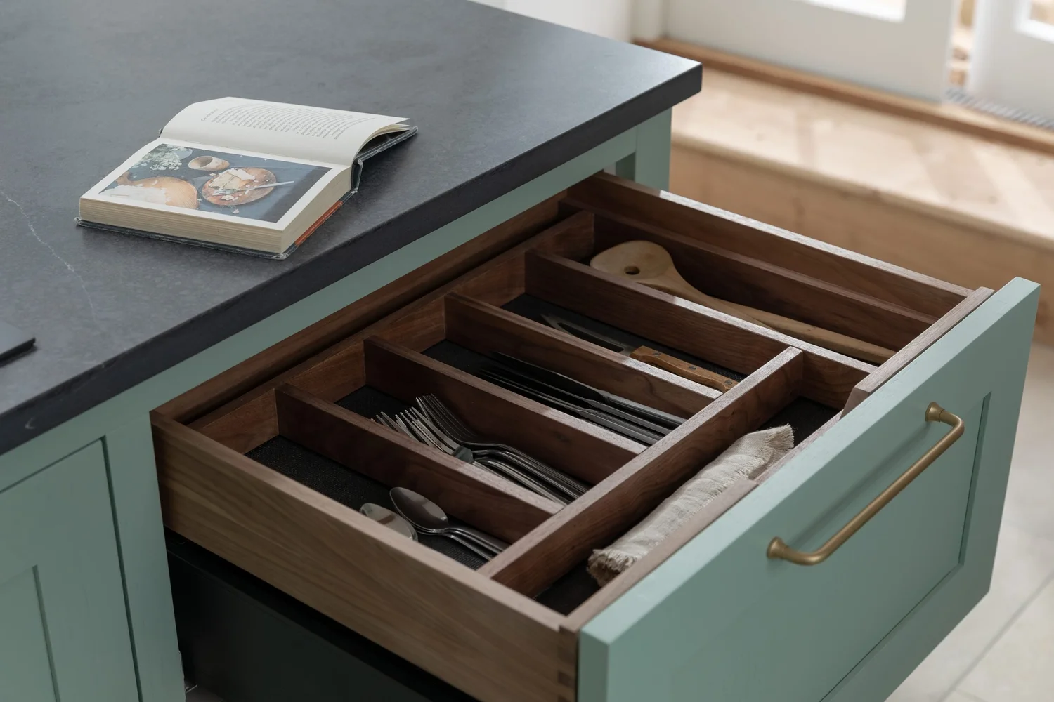 Walnut cutlery drawer detail, photographed by Pip Hambling