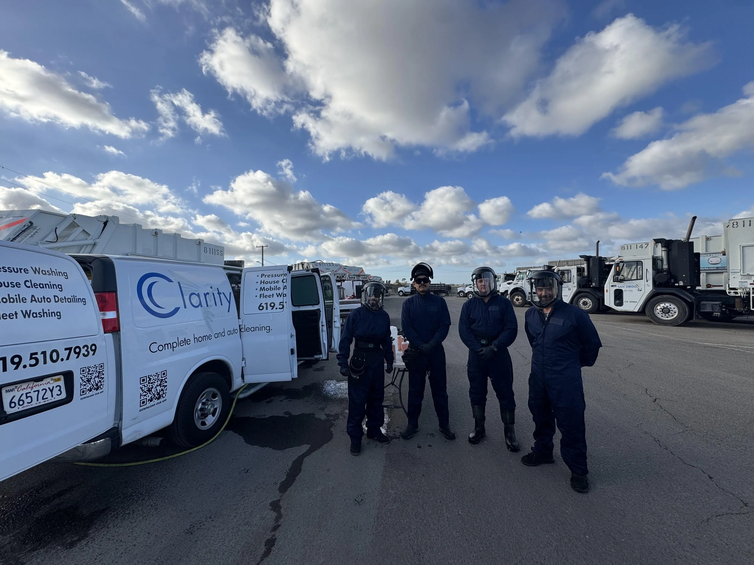 Clarity Fleet team on-site in San Diego performing eco-friendly fleet washing with containment
