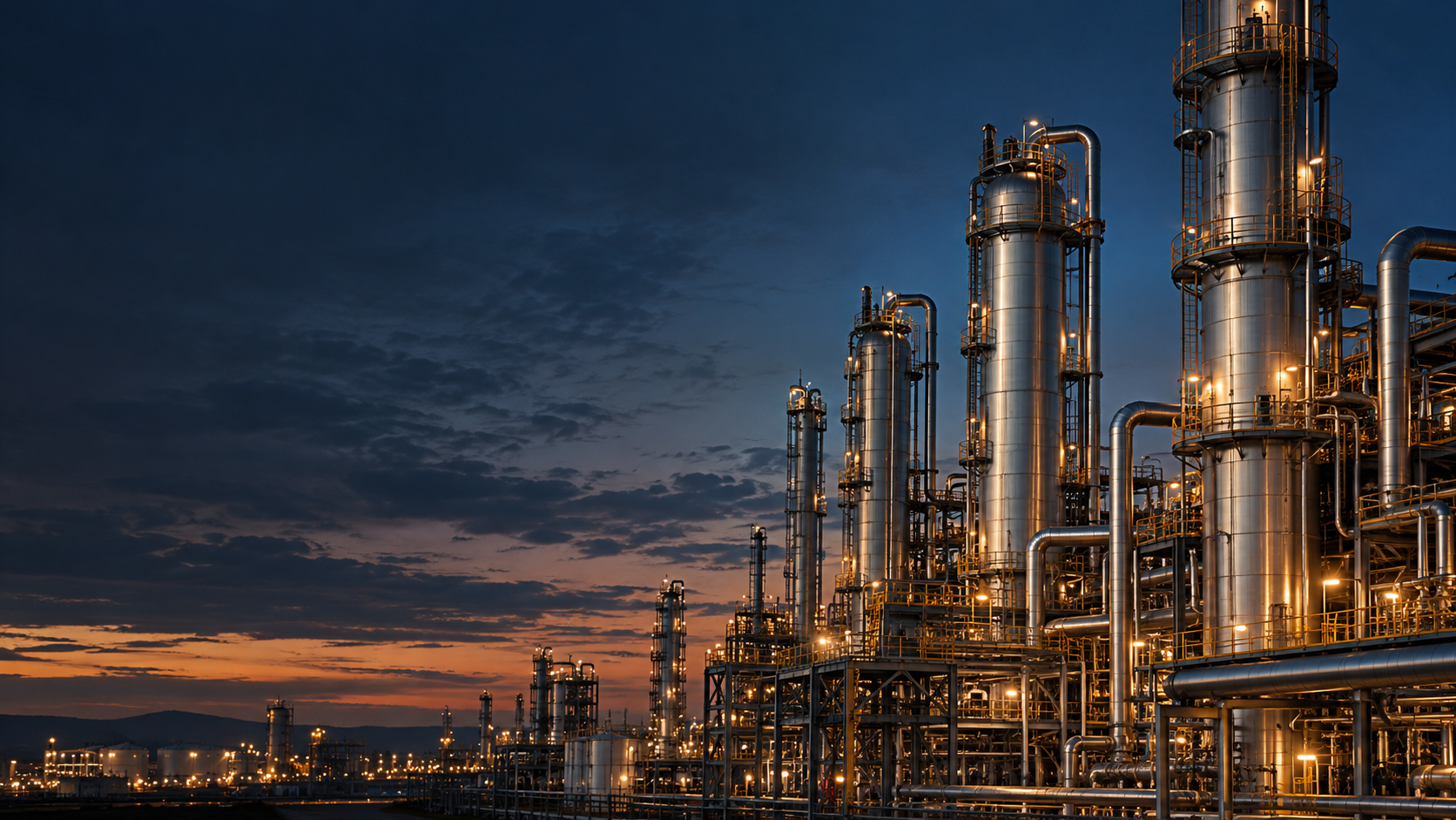 Conceptual industrial distillation columns at dusk