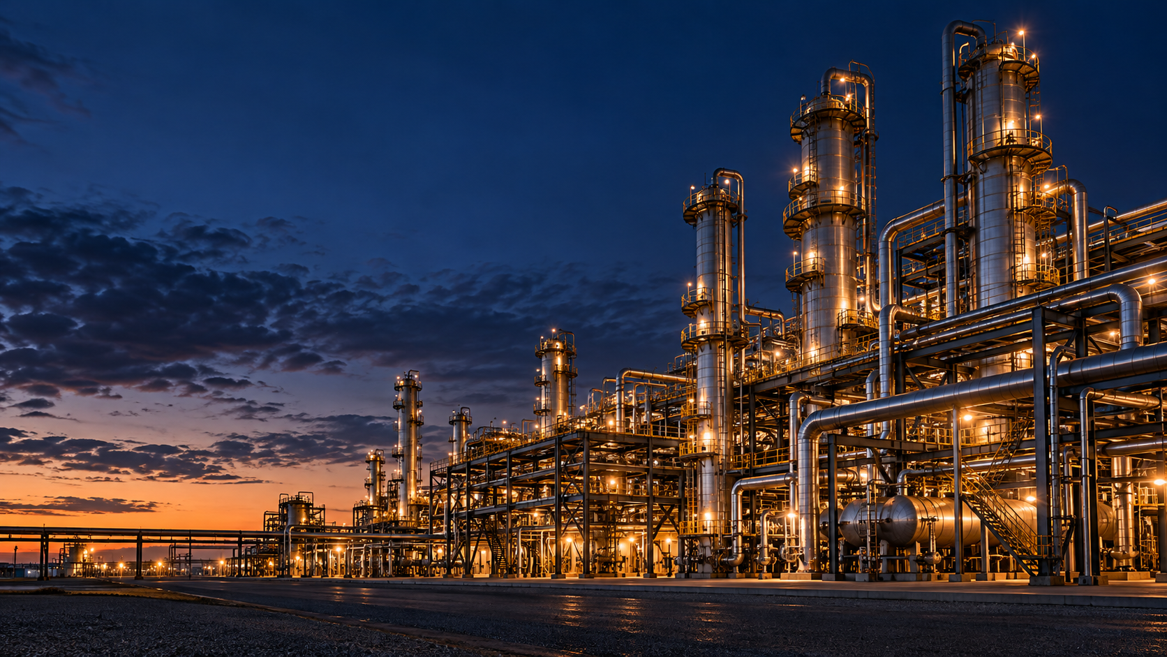 AI-generated refinery architecture at blue hour