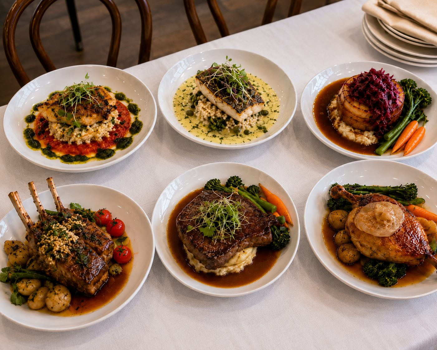 Six beautifully plated dishes showcasing Wyton quality