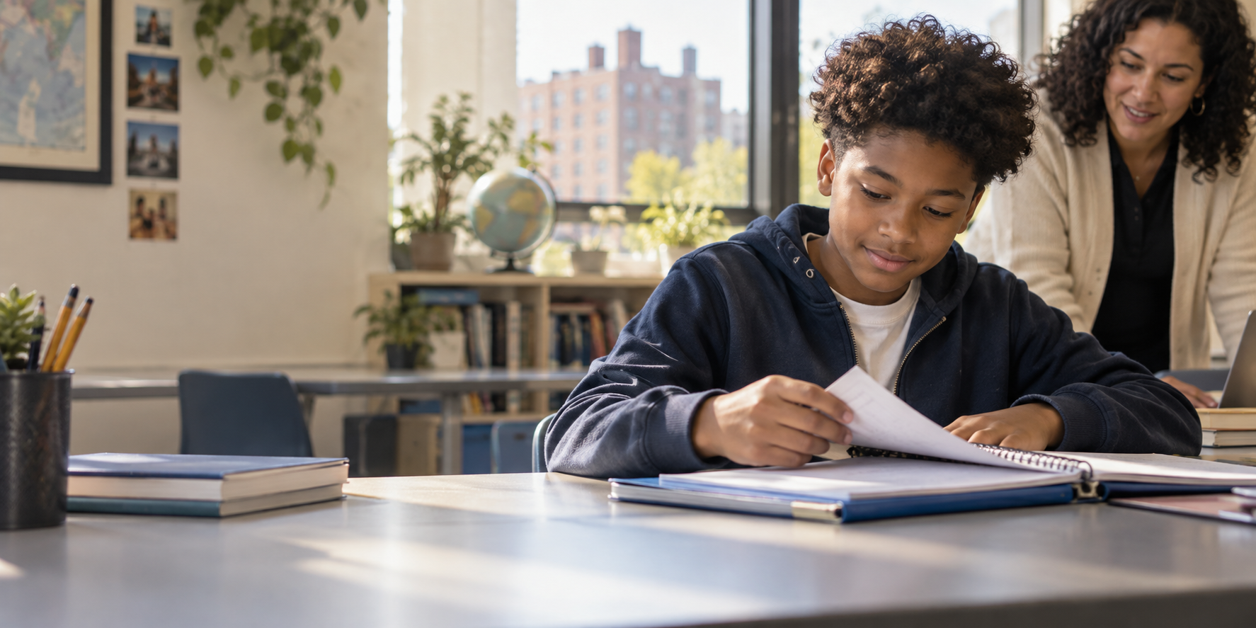 A middle school student organizing schoolwork with an educator nearby