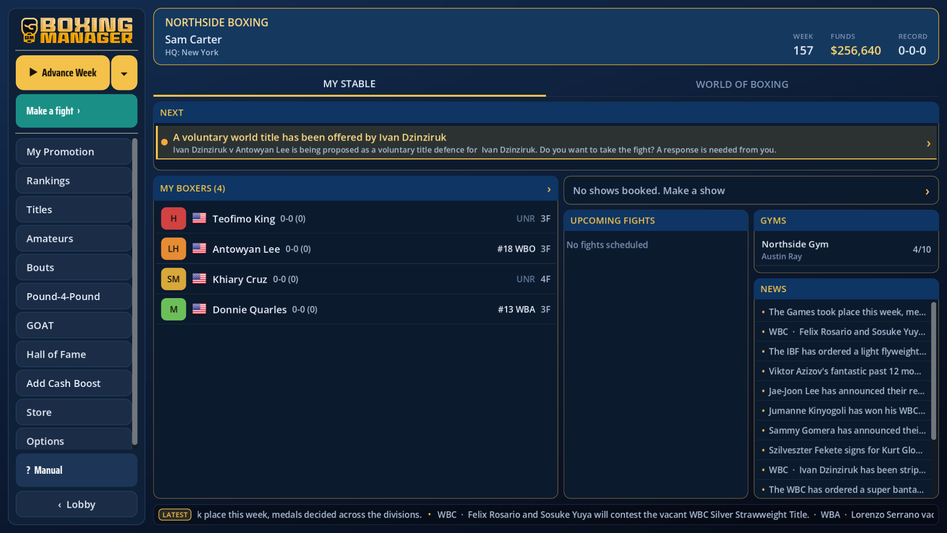 Boxing Manager stable dashboard