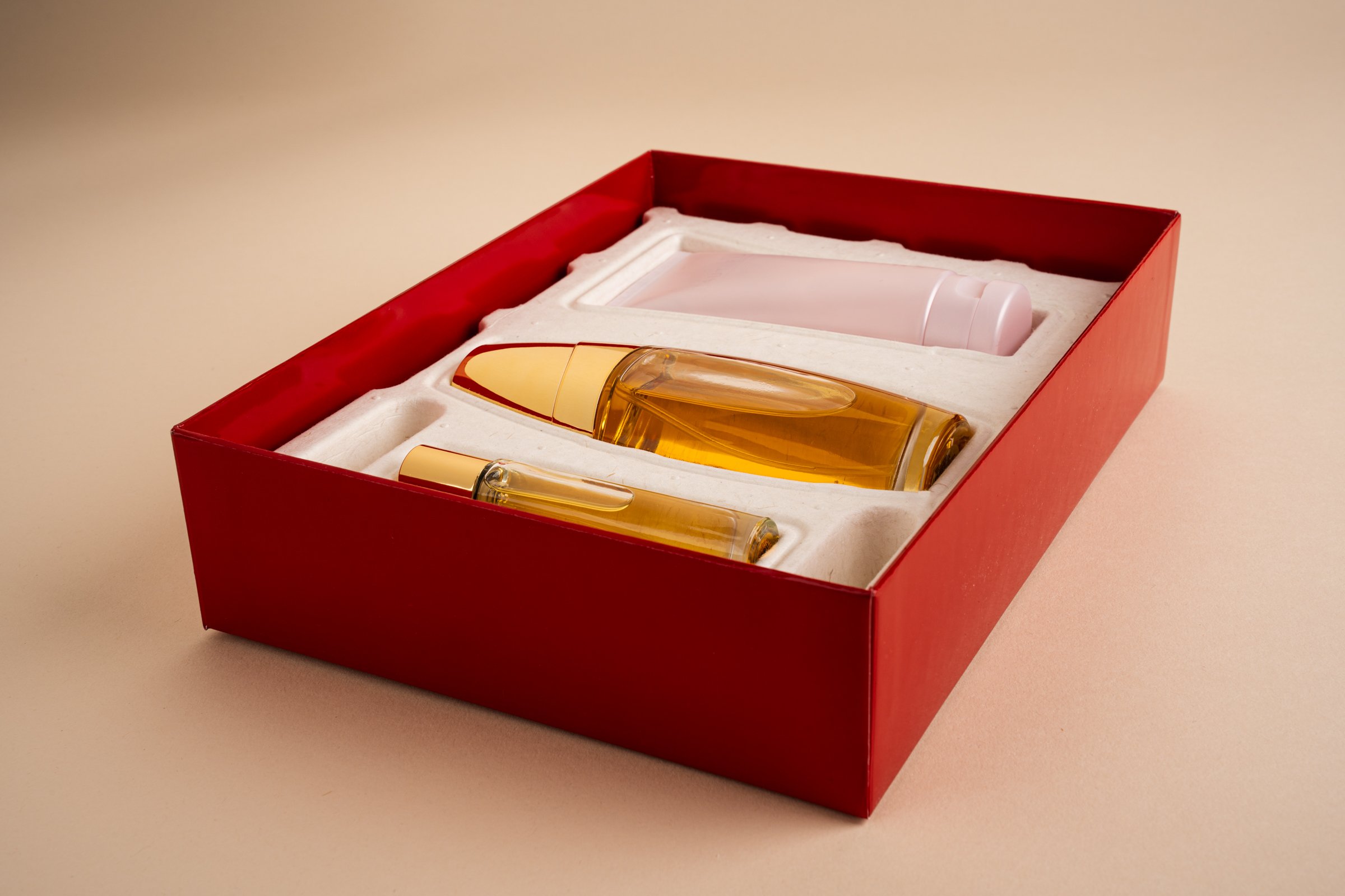 beauty products in molded fiber insert