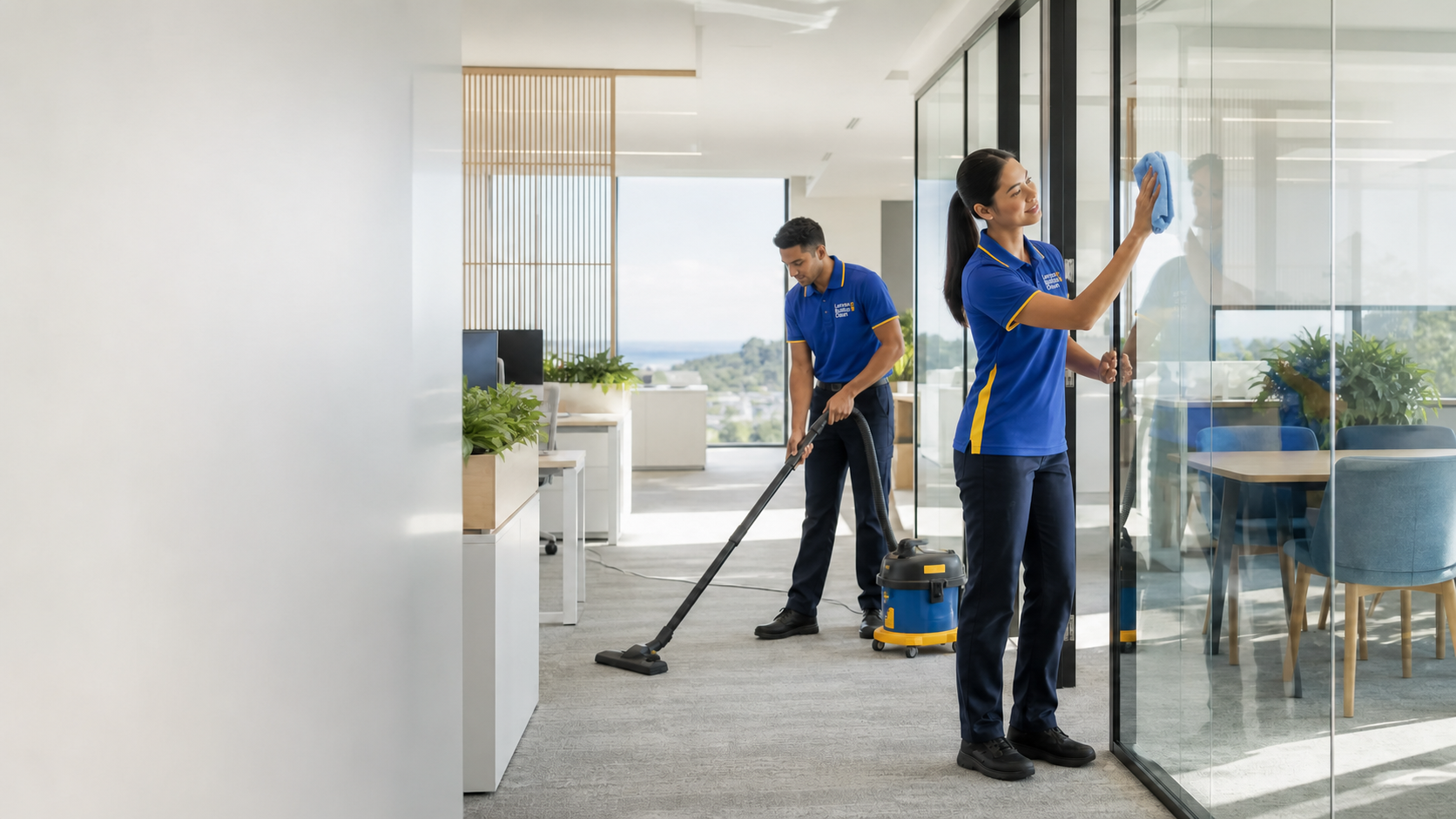 Professional office cleaners vacuuming and cleaning glass in a modern commercial workplace