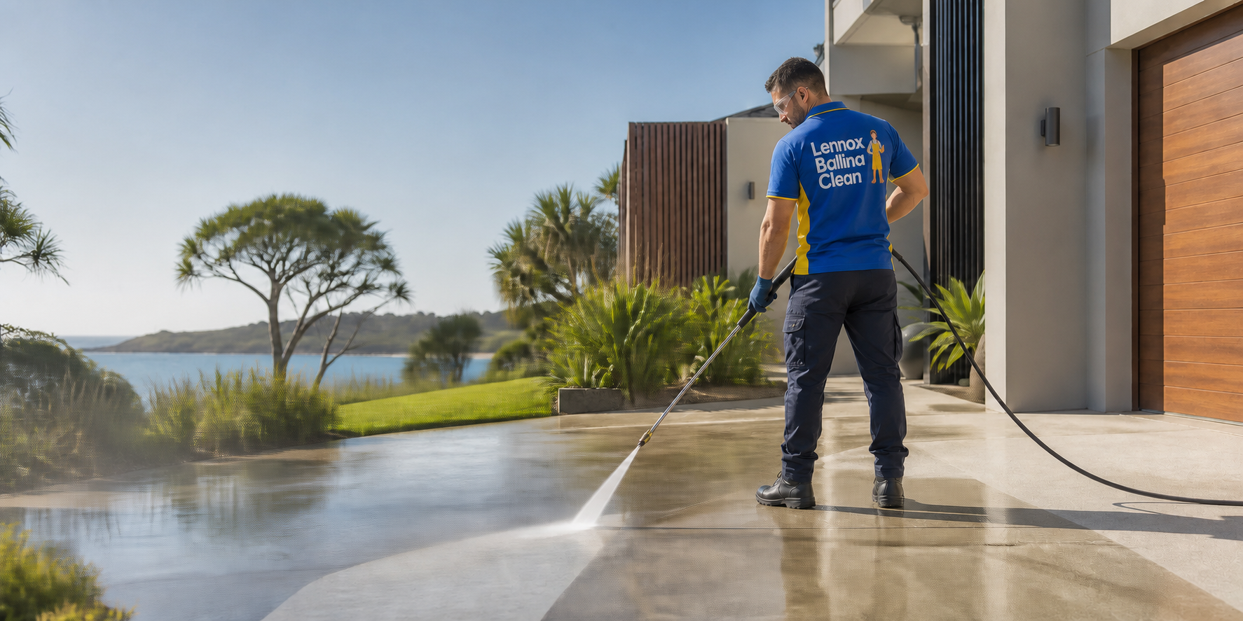 Lennox Ballina Clean team member pressure washing a concrete driveway at a coastal home