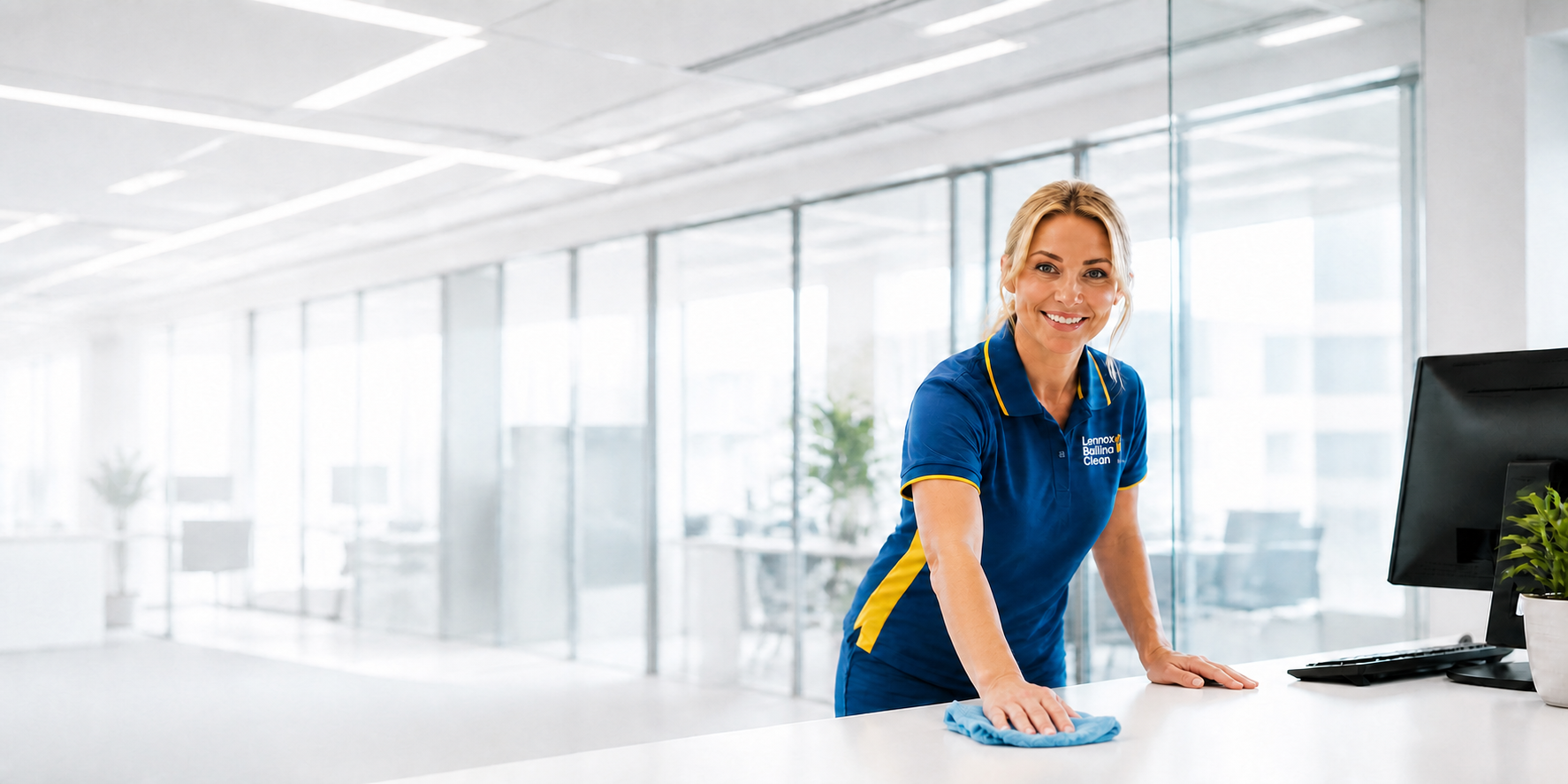 Professional blonde Lennox Ballina Clean cleaner wiping down a modern office workstation