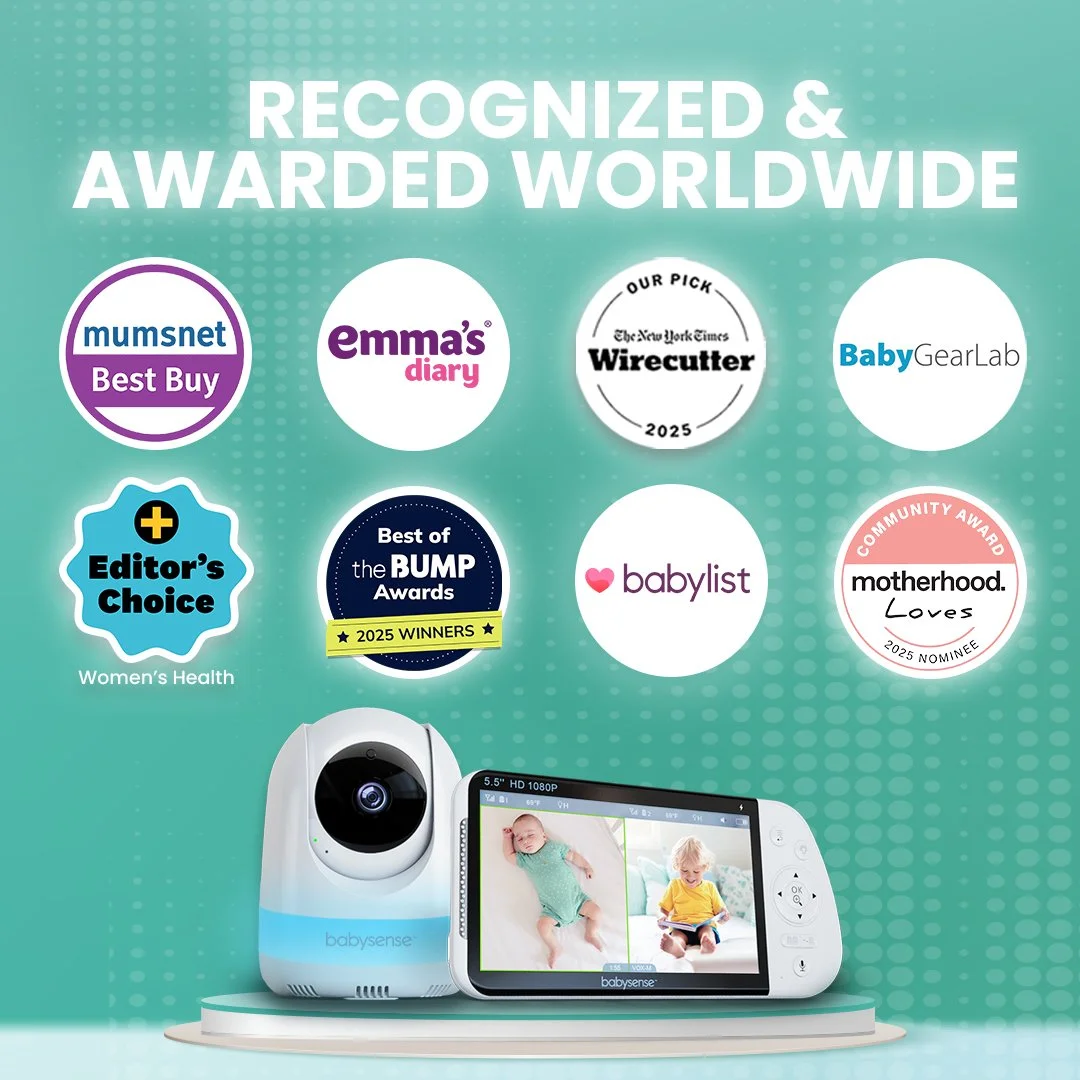 Babysense campaign artwork displaying 2025 editorial recognition and a split-screen baby monitor.