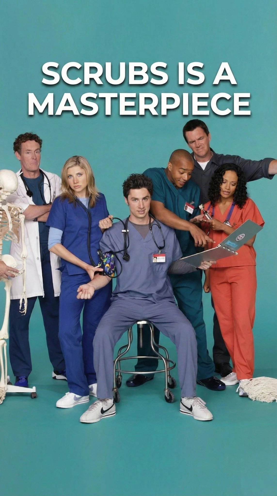 Cover for Joey Pedras’s video essay, Scrubs Is a Masterpiece, featuring the television cast.