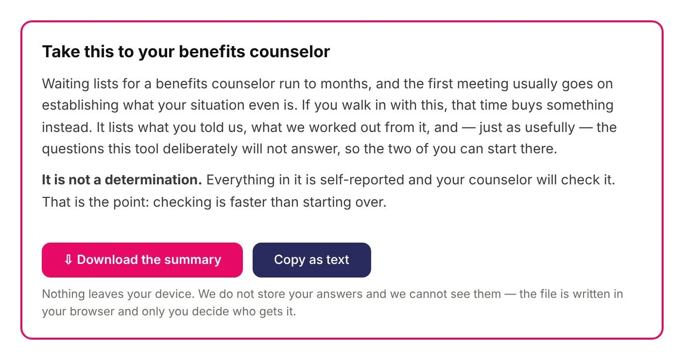 Compass panel titled Take this to your benefits counselor, with Download the summary and Copy as text buttons