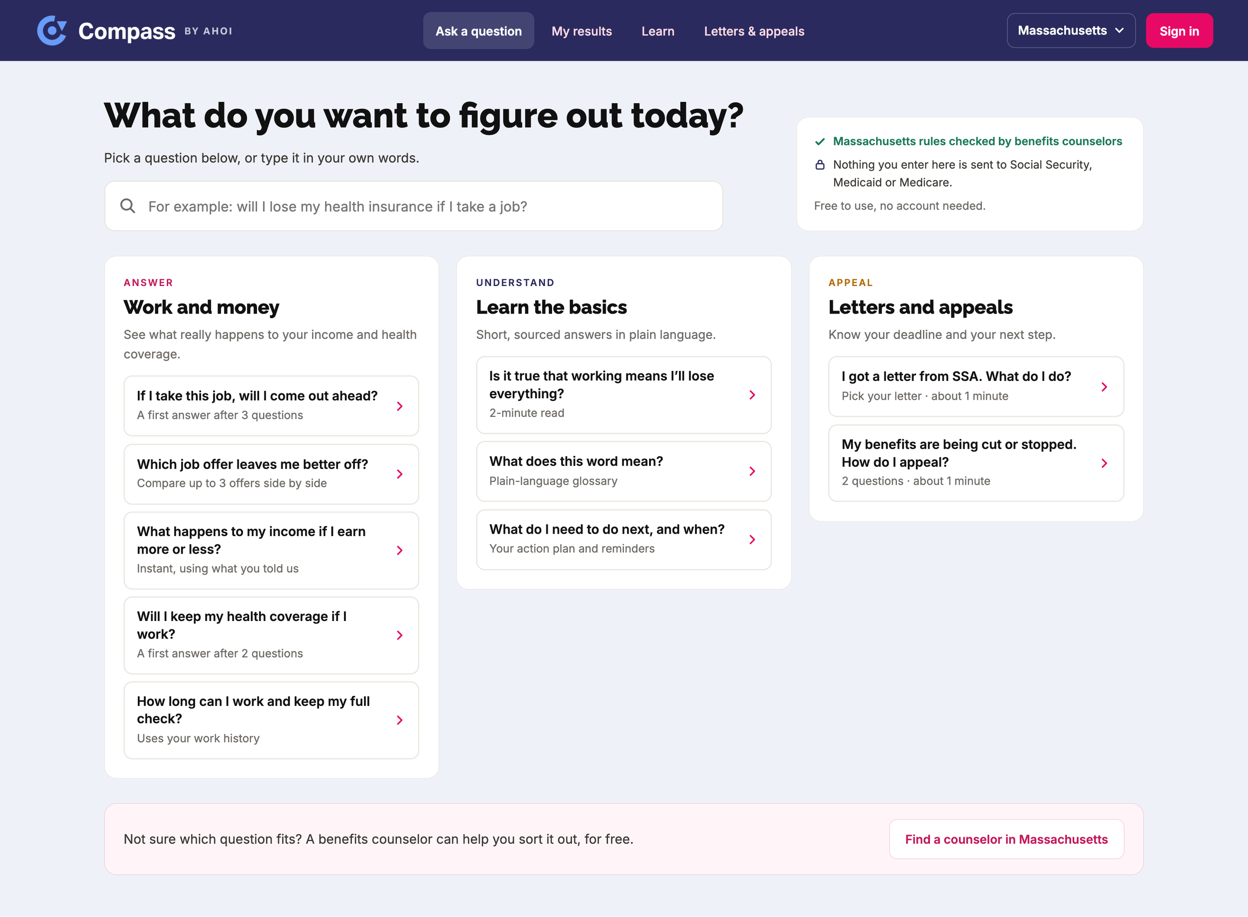 Compass home screen asking what do you want to figure out today, with questions grouped under work and money, learn the basics, and letters and appeals