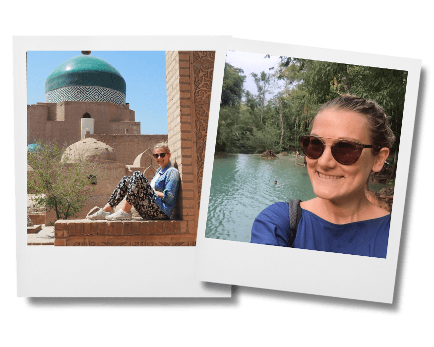 Clara auf ihrer Weltreise 2018: in Usbekistan und lächelnd an einem Fluss