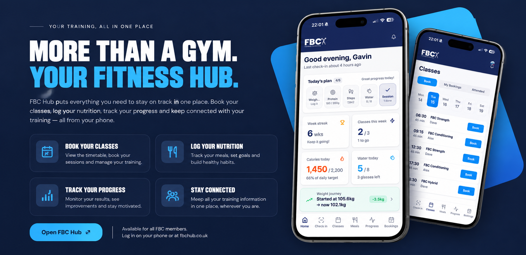 FBC Hub fitness app showing class booking, nutrition tracking and training progress
