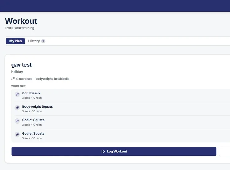 FBC Member Hub workout plan and logging controls