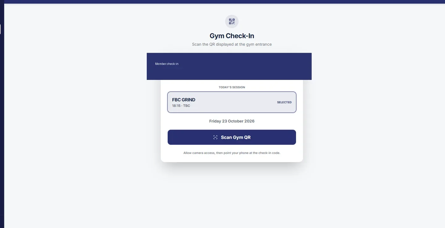 FBC Member Hub gym QR check-in screen