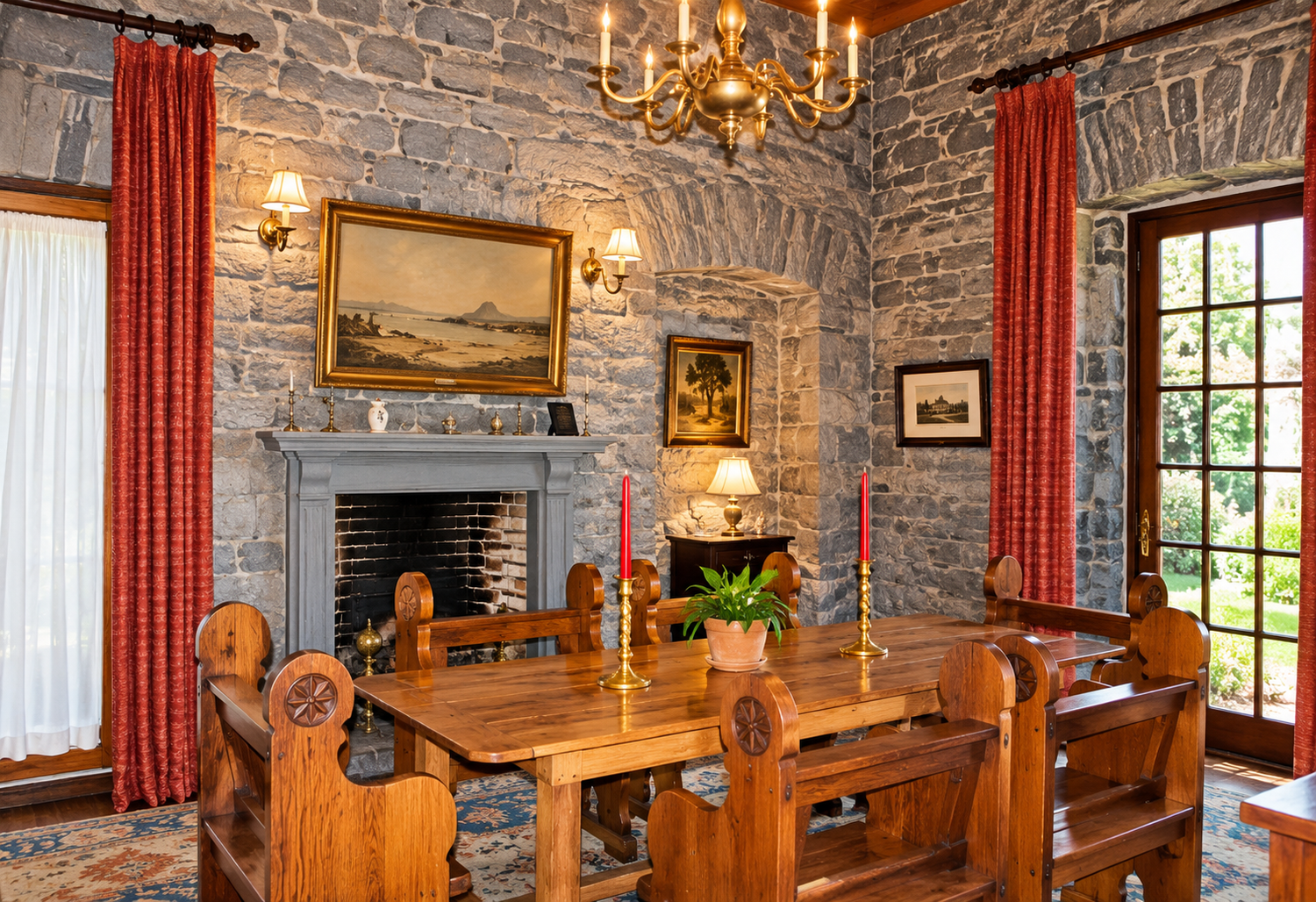 Stone dining room with fireplace