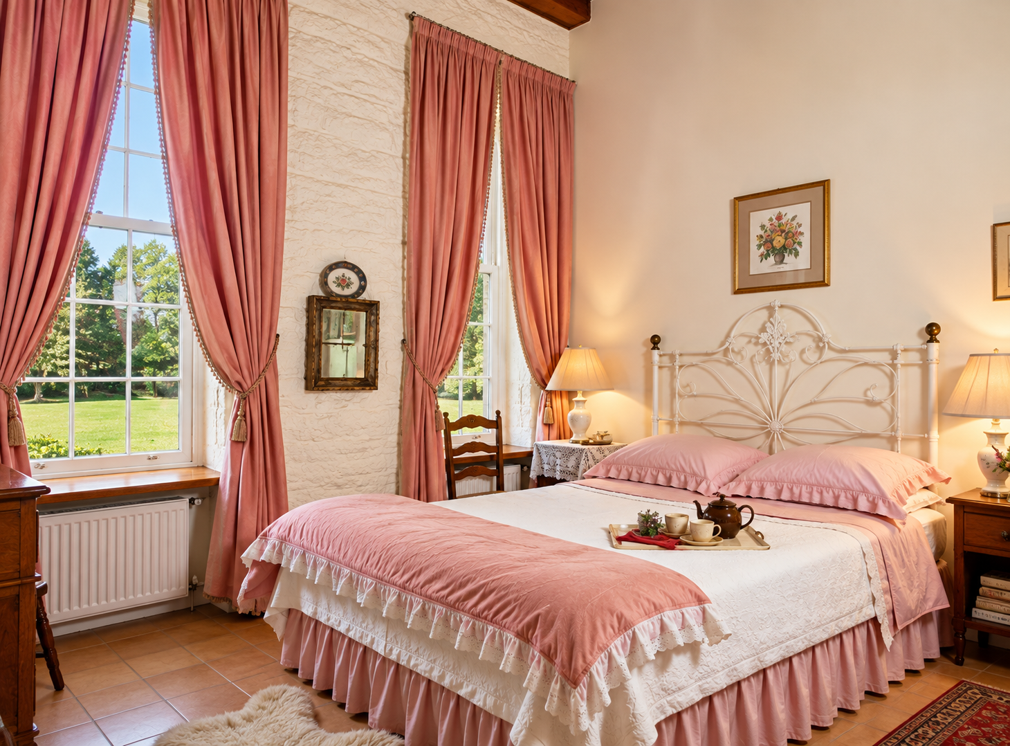 A Premium bedroom with rose curtains, a white iron bed and garden views at Ross Castle Estate