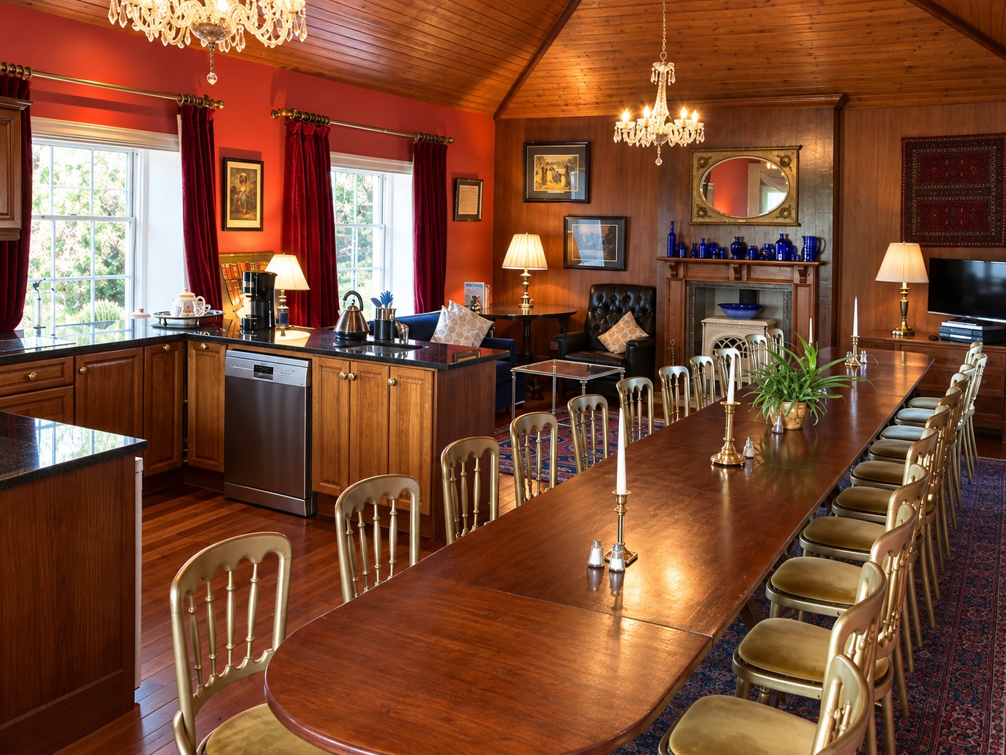 Long dining table in a timber-lined room