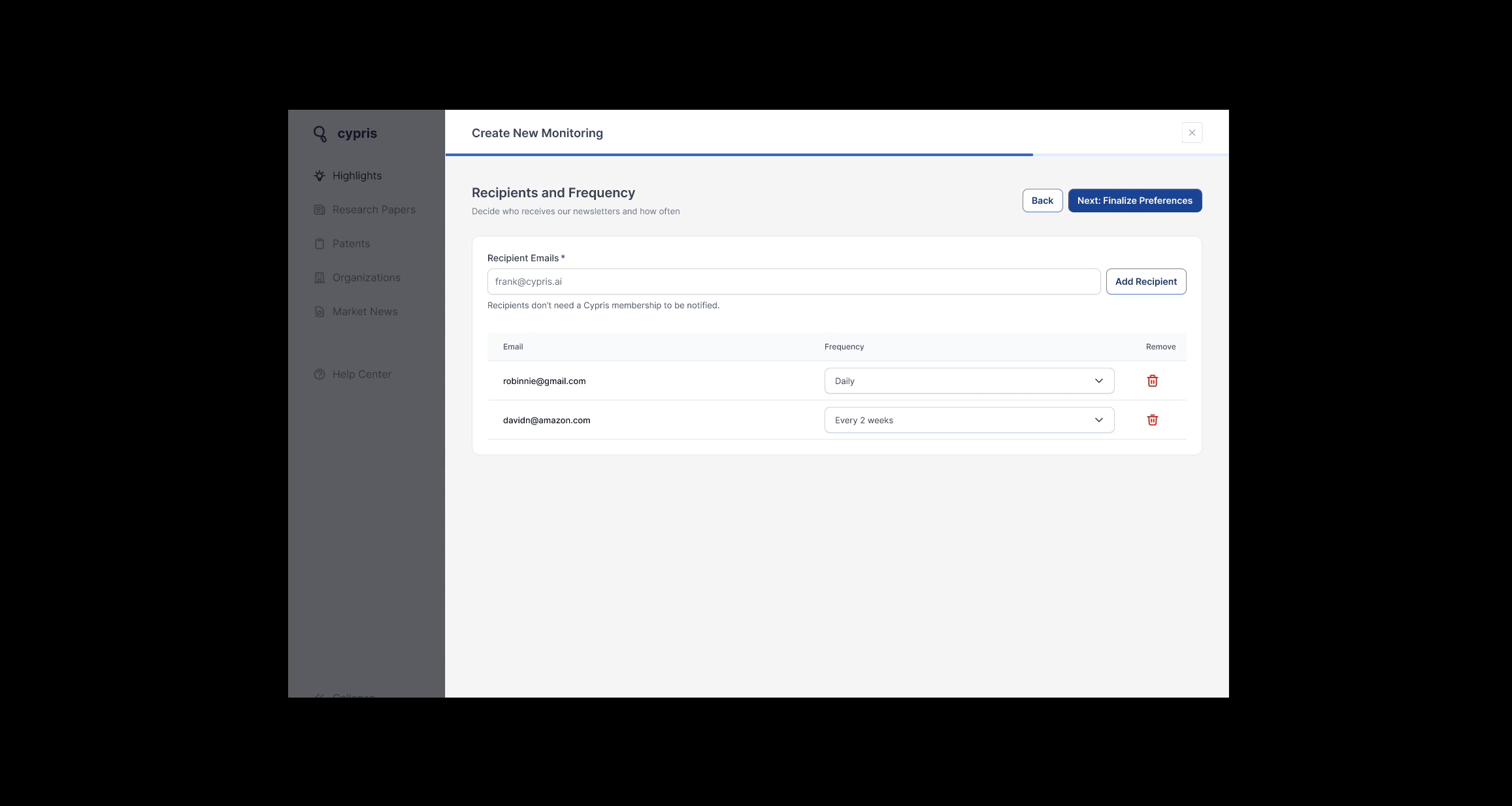 Controlling recipients when configuring a monitor