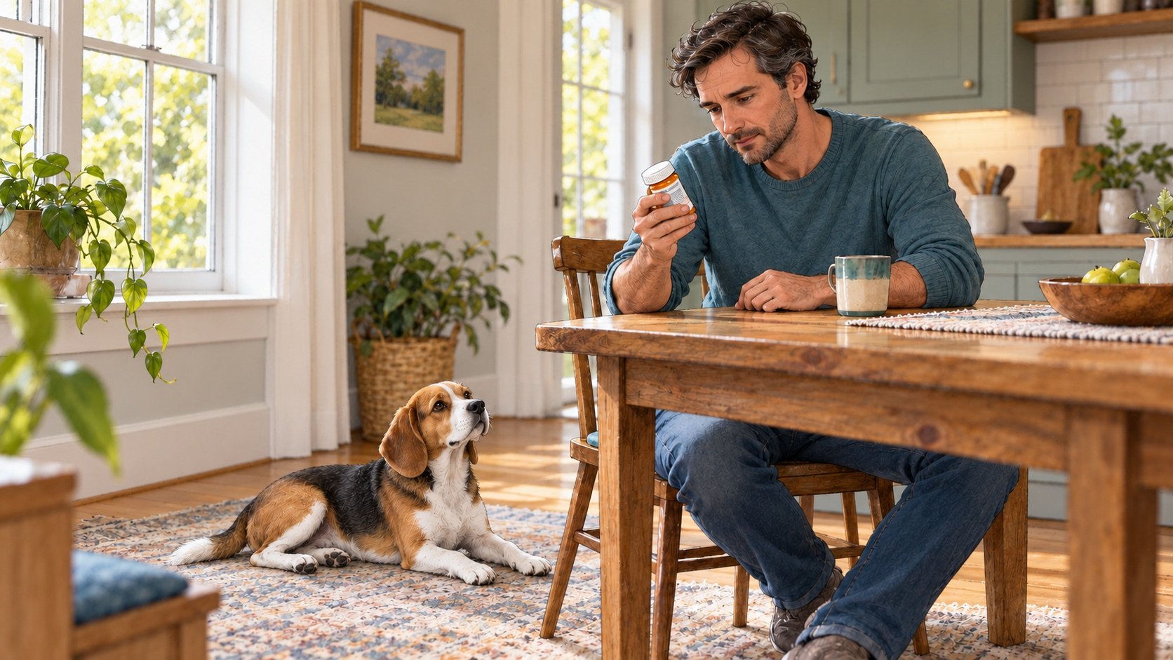 A dog owner checks a prescription container at a kitchen table while a beagle rests beside him.