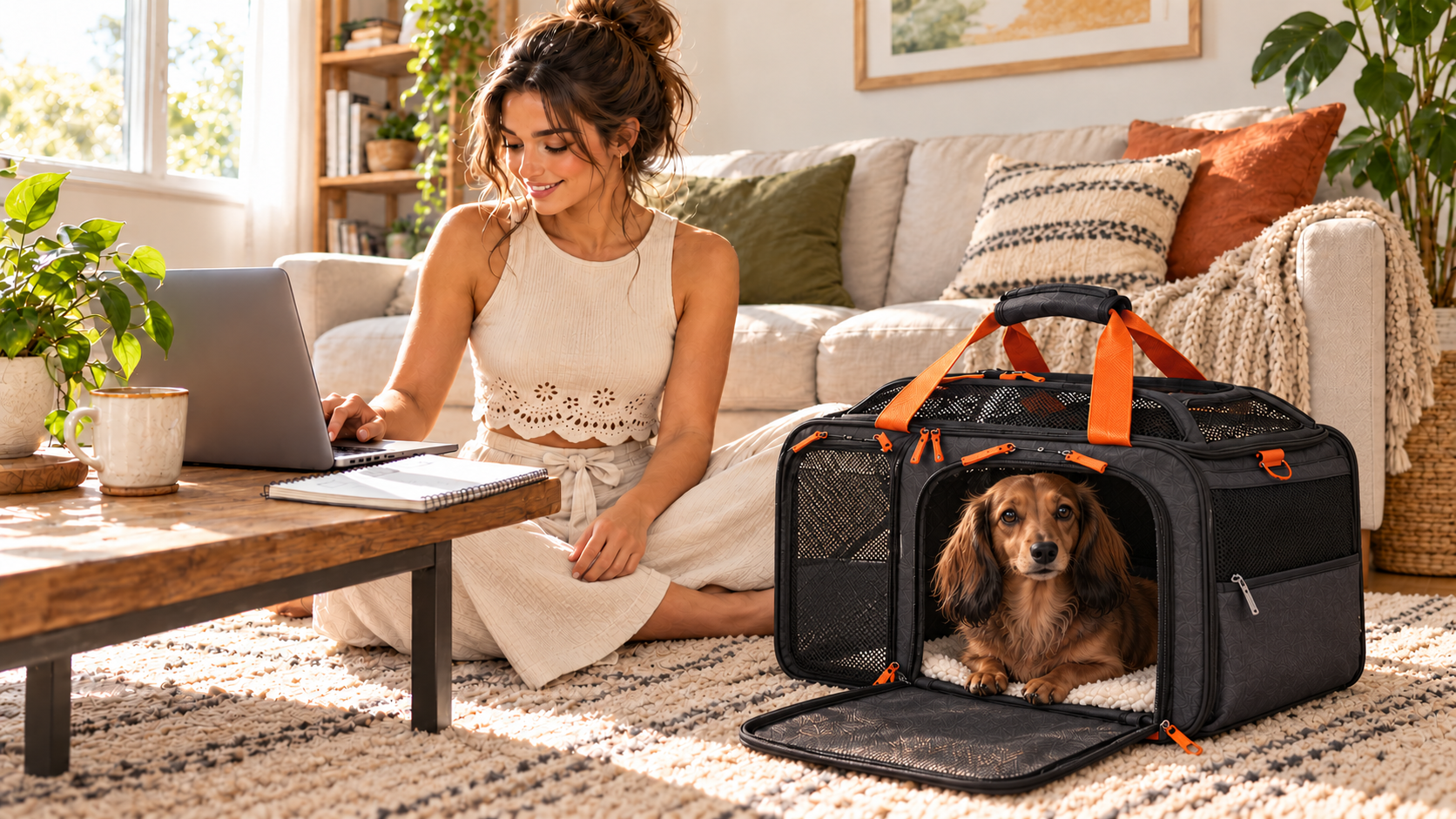 A woman checks a laptop at home beside a long-haired dachshund resting inside an open black pet carrier with orange handles.