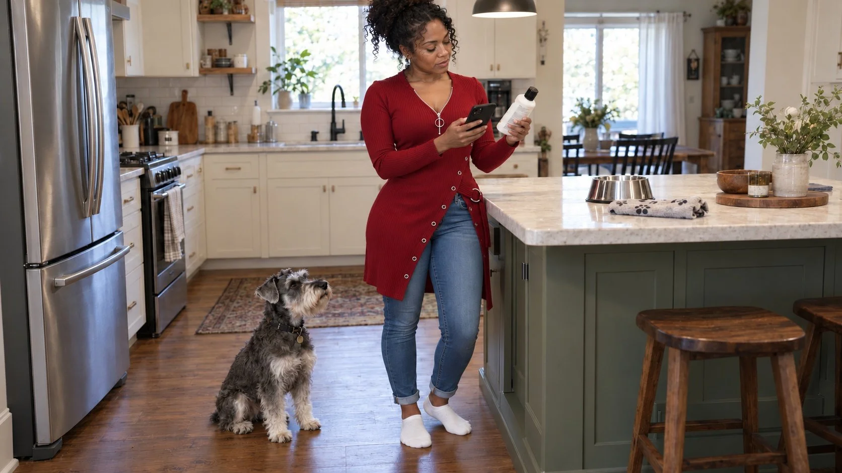 A woman checks a grooming bottle against her phone while a miniature schnauzer sits beside her in a kitchen.
