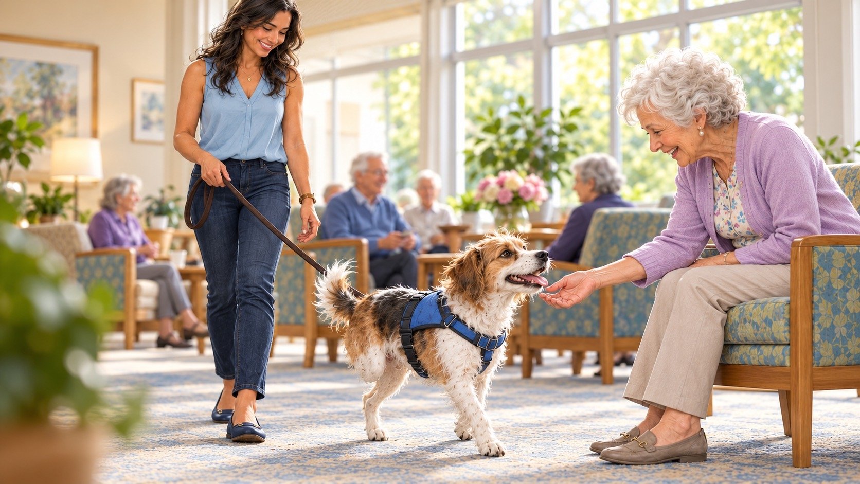 Three-legged small terrier mix in a blue harness greets an older woman while its handler holds the leash in a bright community room.