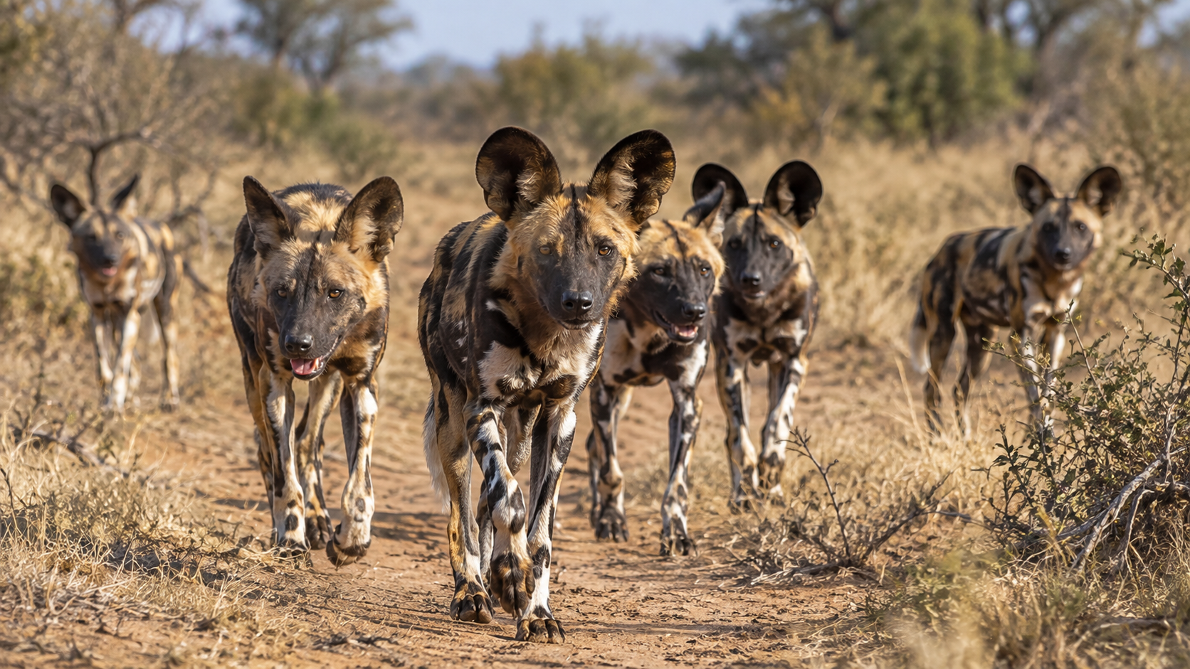 African wild dog pack walking toward the camera through dry African savanna habitat.