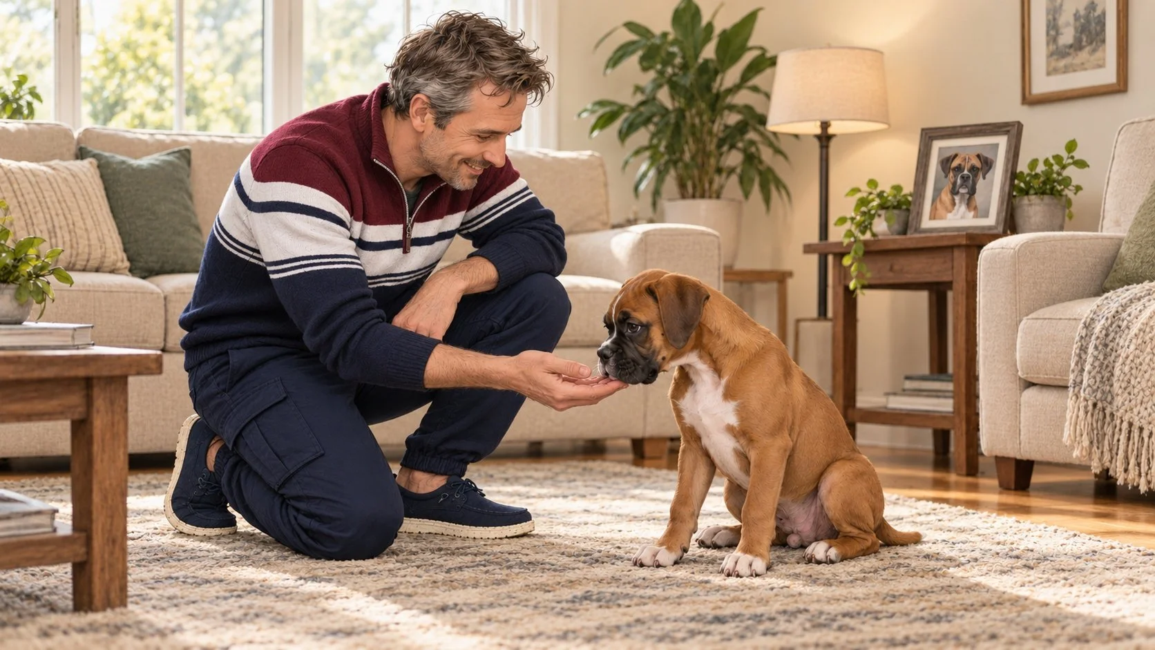 A man wearing a striped quarter-zip sweater sits with a boxer puppy in a living room, with a framed photograph of an adult boxer nearby.