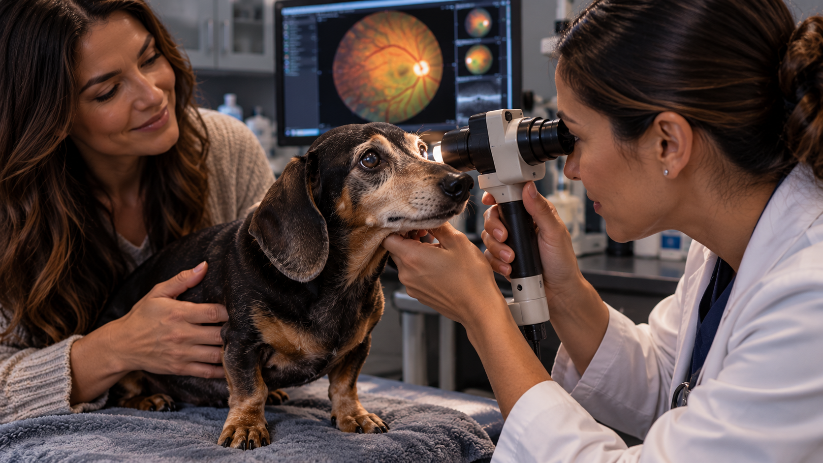 Senior black-and-tan Dachshund undergoing an eye examination by a veterinary ophthalmologist while the dog's owner provides reassurance, with retinal imaging visible on a monitor behind them.