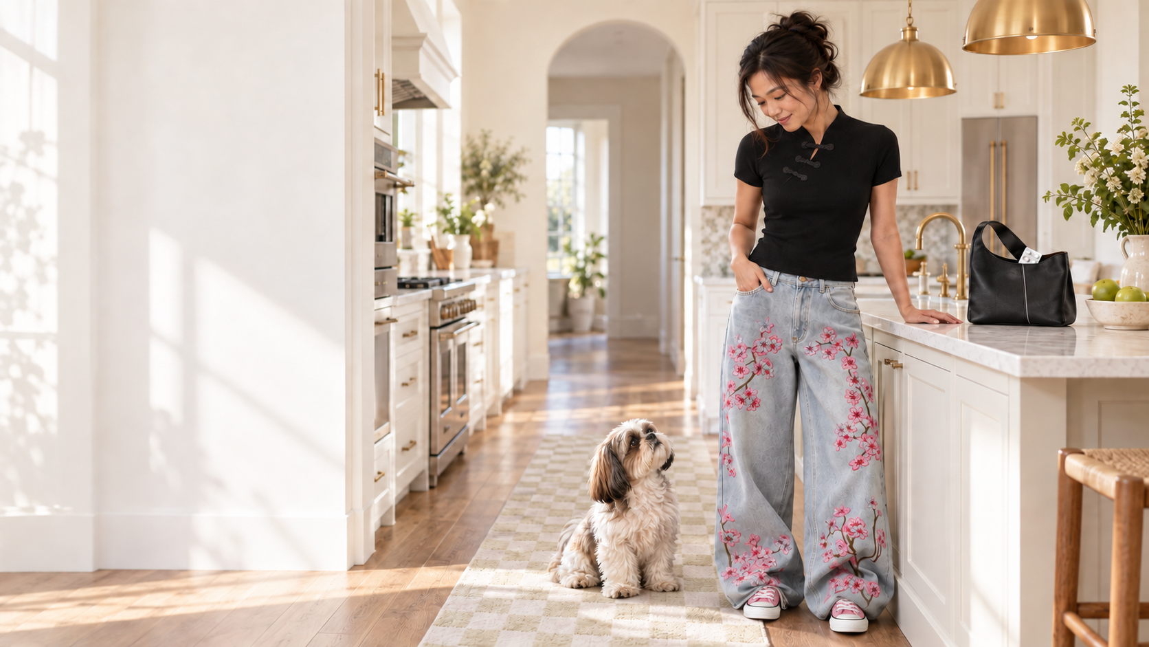 Chinese woman in a black top and floral jeans standing beside a black bag while a Shih Tzu puppy looks up at her in a bright kitchen.