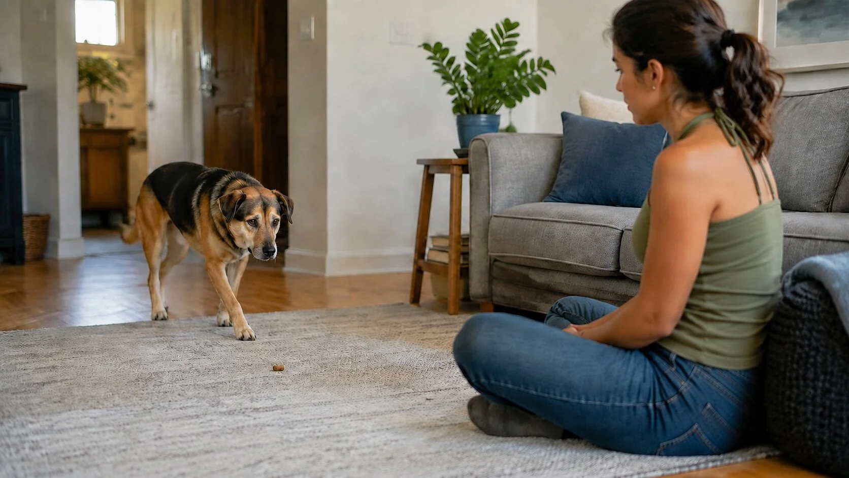Cautious mixed-breed dog choosing to approach a seated woman during a calm, reward-based trust-building exercise.
