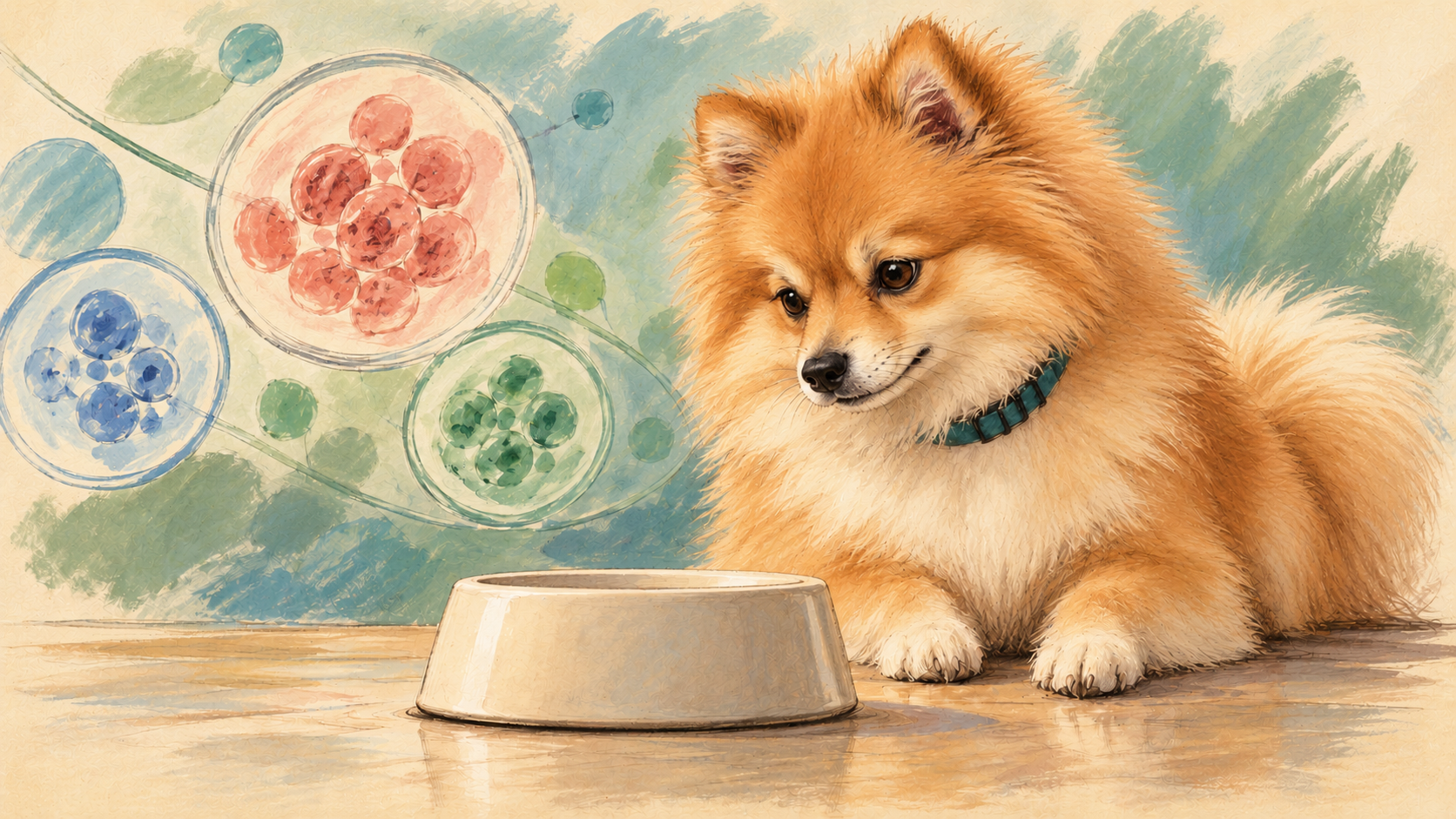 Illustration of an orange Pomeranian wearing a teal collar beside a plain food bowl, with abstract cell shapes in the background.