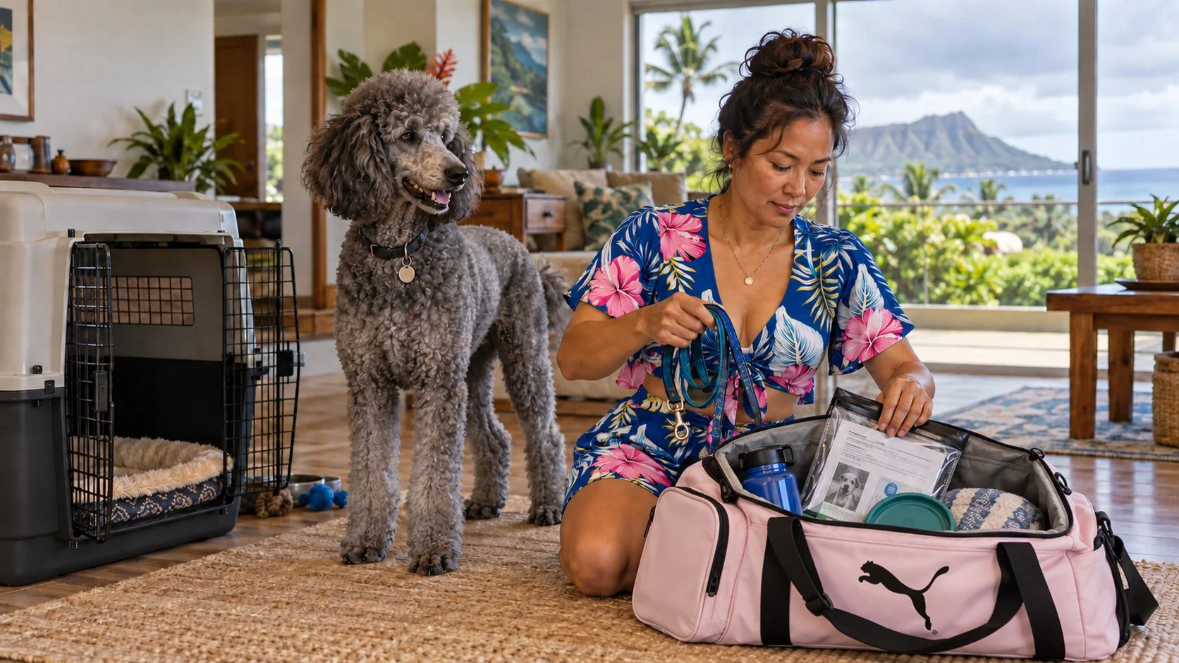 Illustration of a woman in a Hawai‘i home packing a pink emergency bag beside a gray Standard Poodle and an open dog crate before a storm.