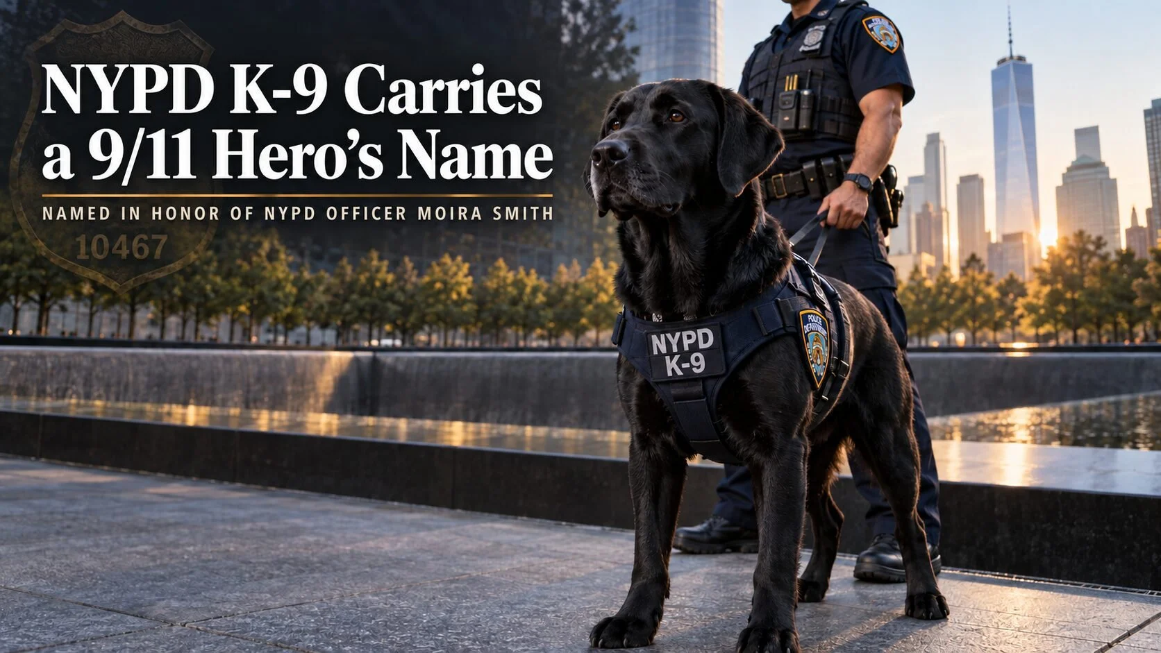 Illustration of a black Labrador NYPD K-9 and her handler at the 9/11 Memorial, with a subtle shield bearing Officer Moira Smith’s badge number 10467.