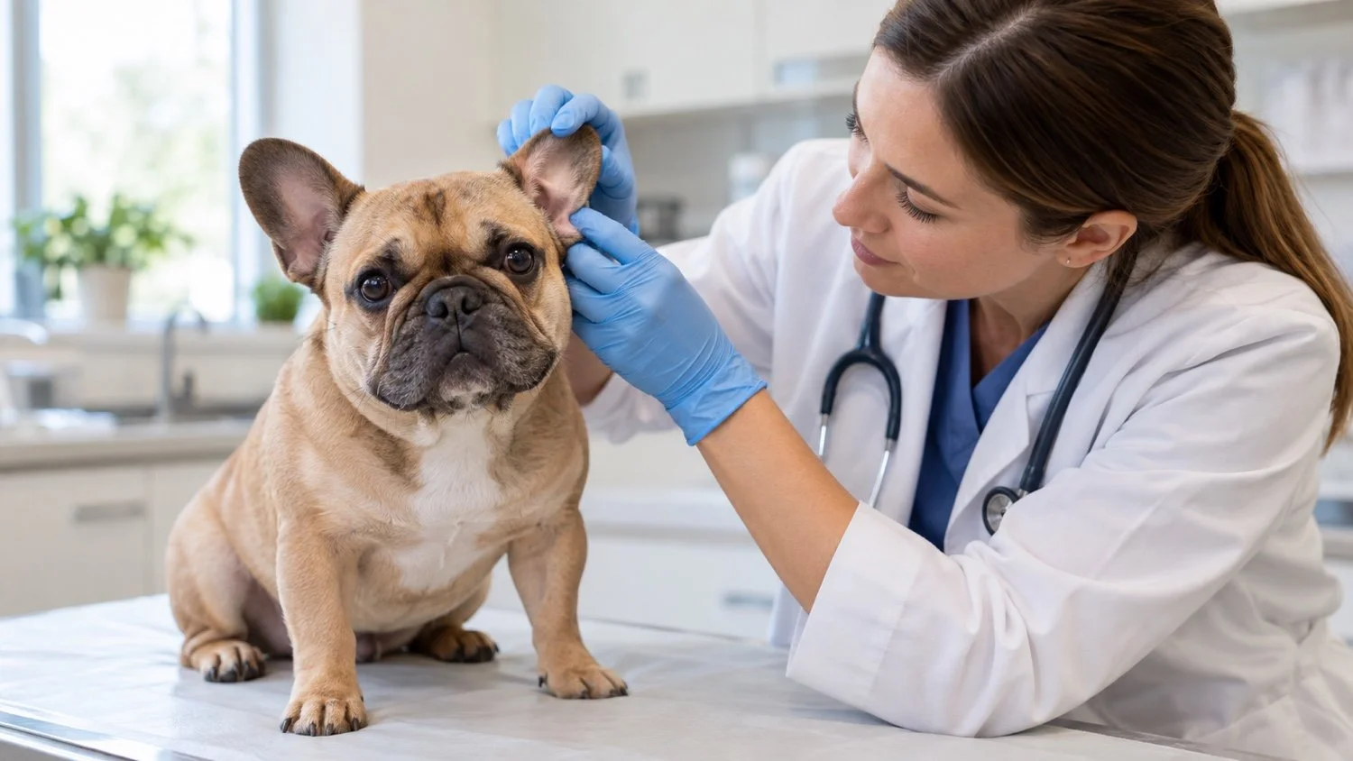 A veterinarian gently examines a French Bulldog's ear during a clinic visit.