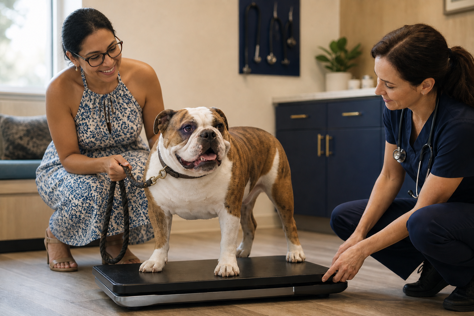 A Latina dog owner holds a bulldog's leash while a veterinary professional checks the dog's weight on a clinic scale