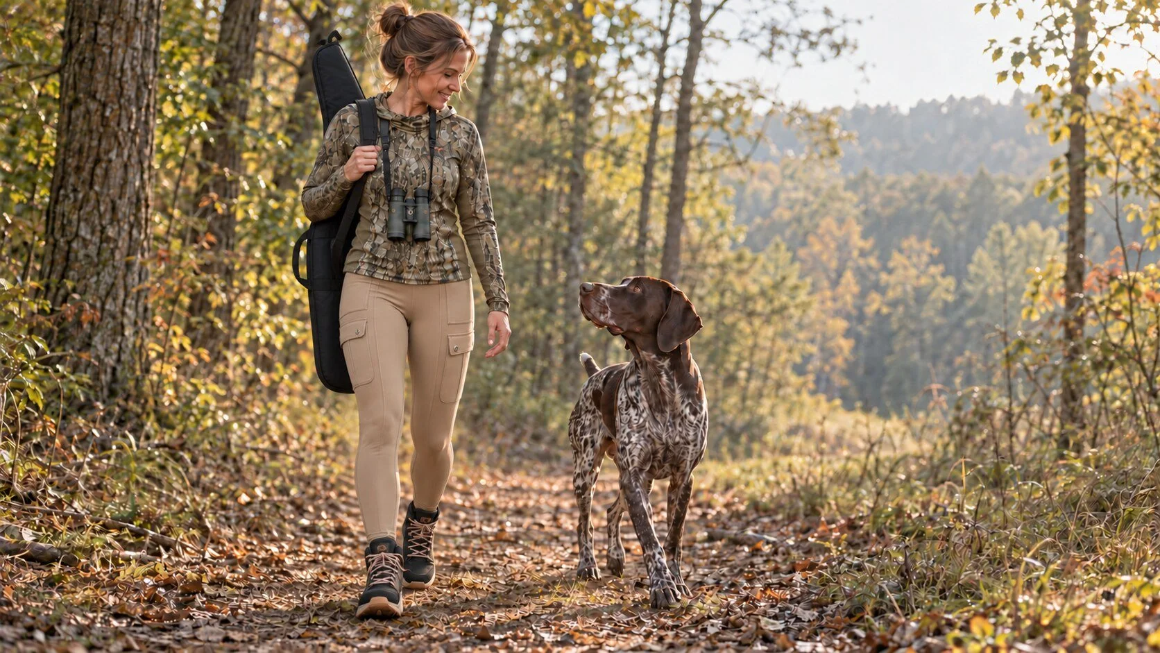 Woman with binoculars and a German Shorthaired Pointer exchanging an attentive look on a wooded trail.