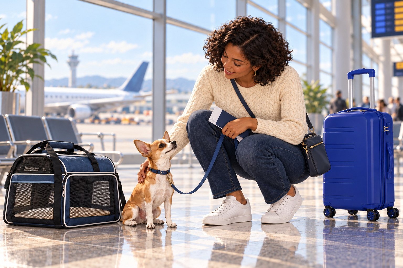 A woman crouches beside her leashed Chihuahua in an airport terminal, with a soft-sided pet carrier, blue suitcase, and travel papers nearby.