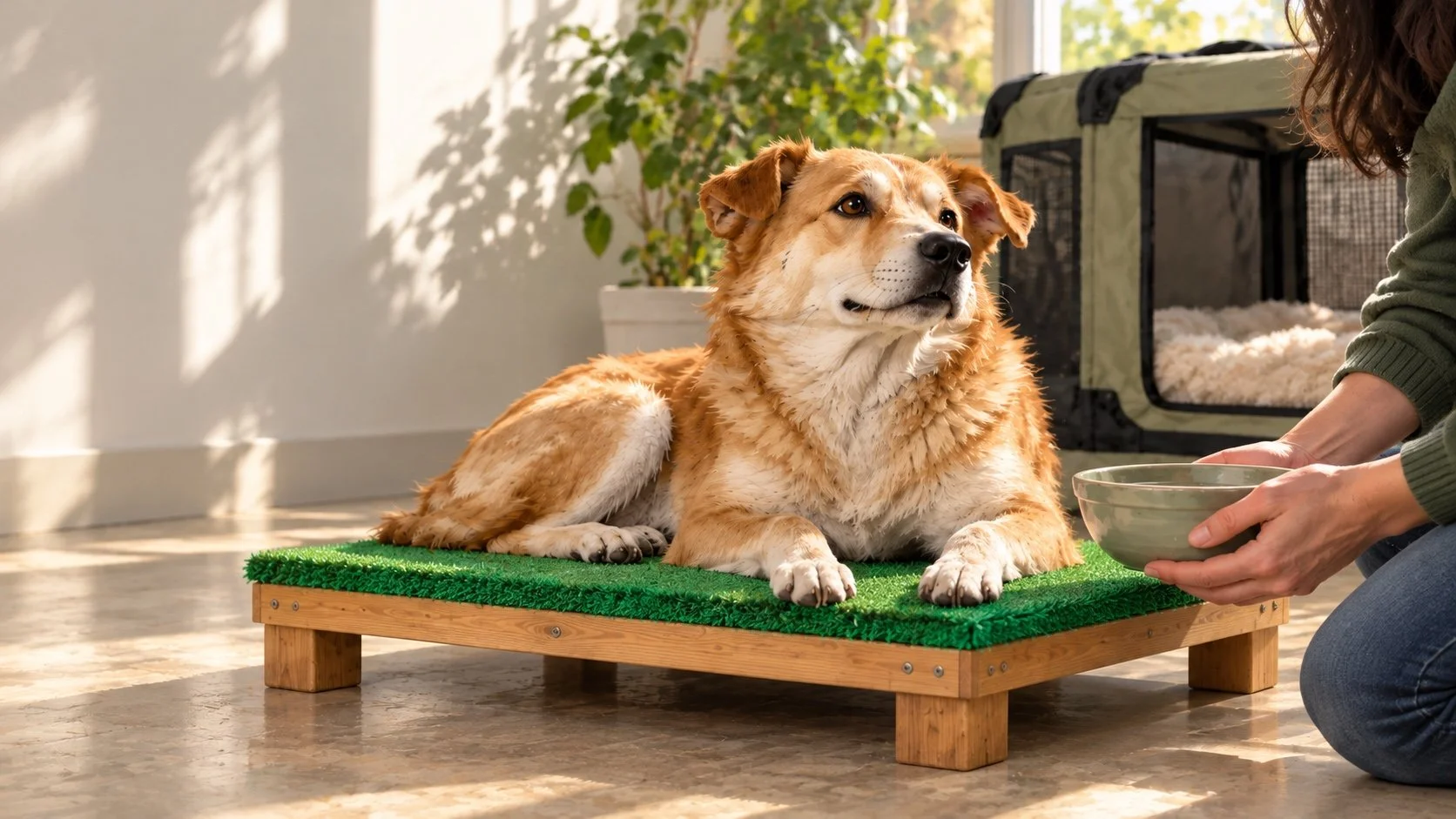 AI product-style preview image of a calm dog near a MARK platform