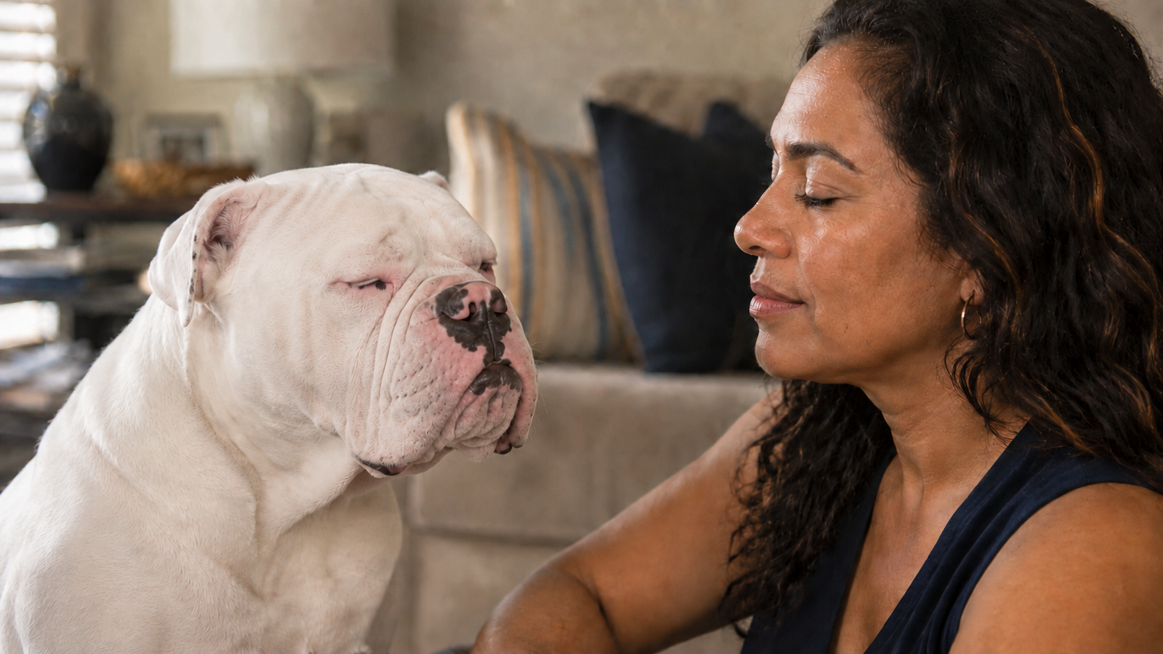 White Olde English Bulldogge softly blinking while facing a Cuban woman during a relaxed interaction at home.