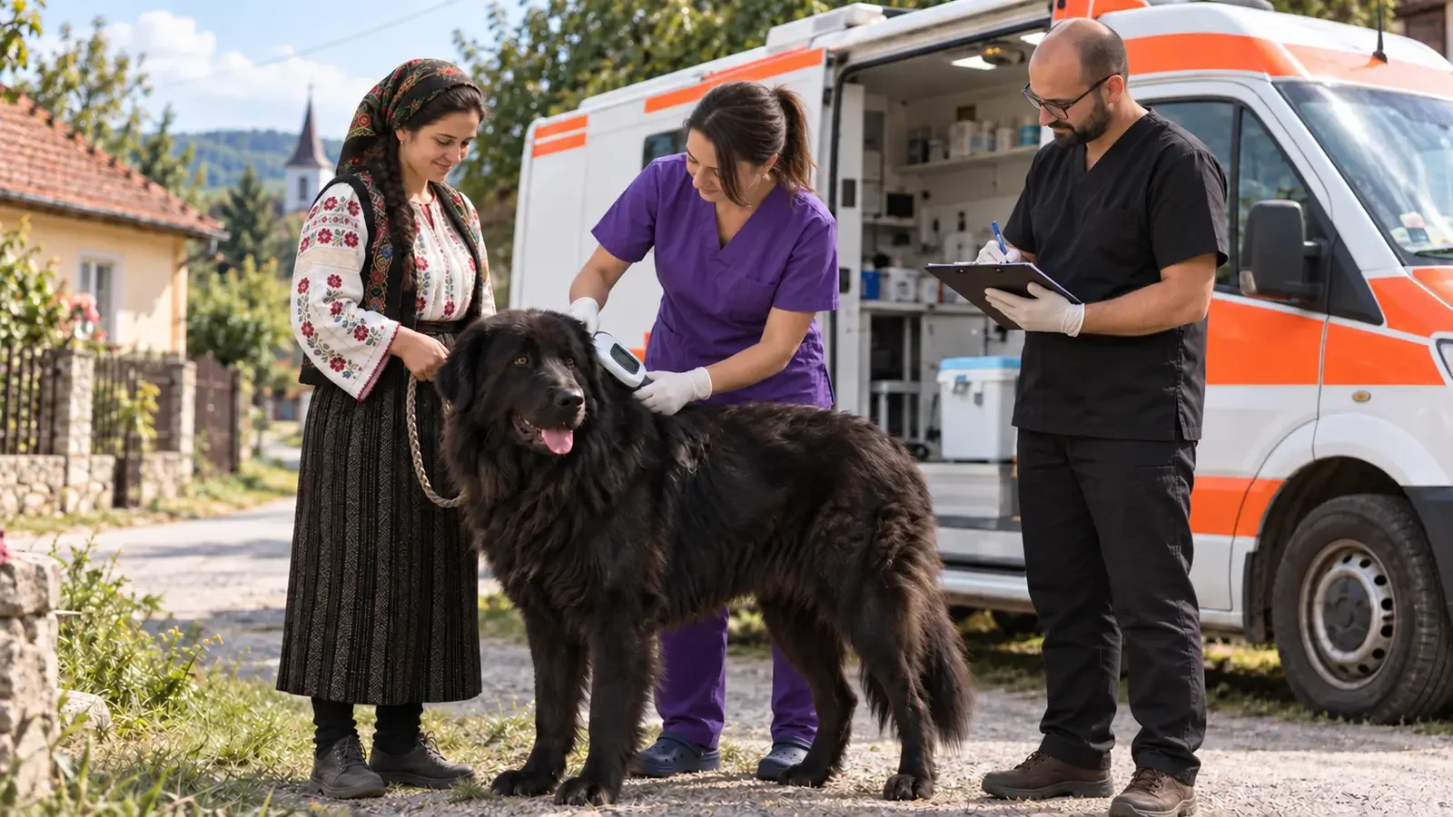 A Romanian veterinarian examines a black Romanian Raven Shepherd while a male veterinarian records notes beside an orange-and-white mobile clinic.