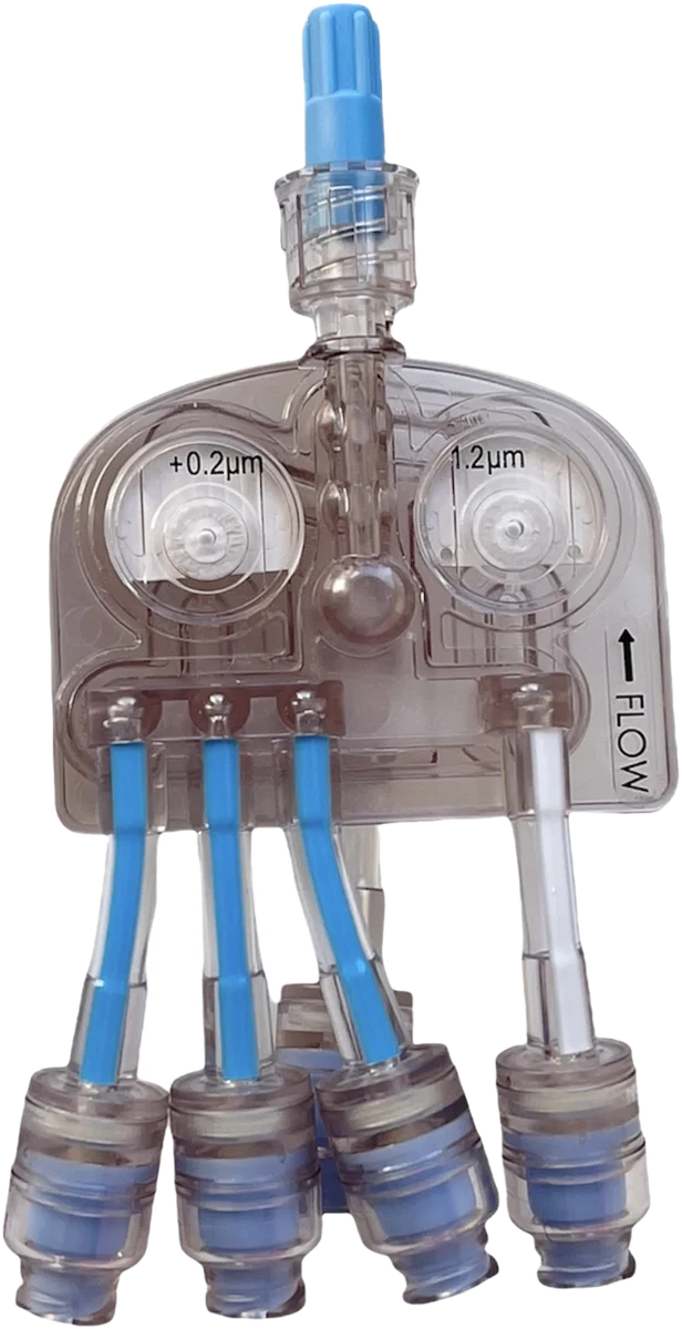 Multiport Delivery Device prototype, front view showing dual inline filters and four ports